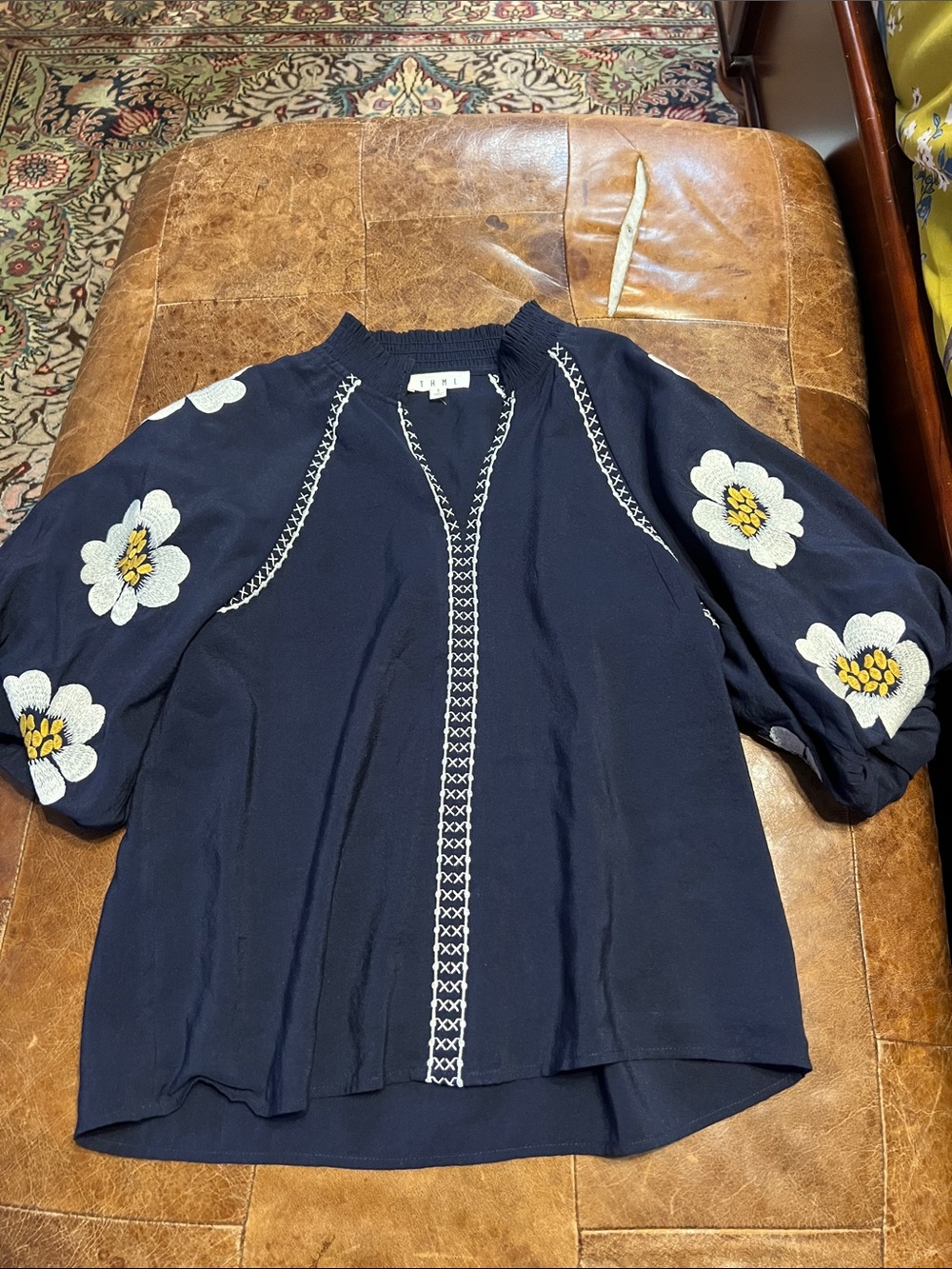 THML embroidered floral navy top Small